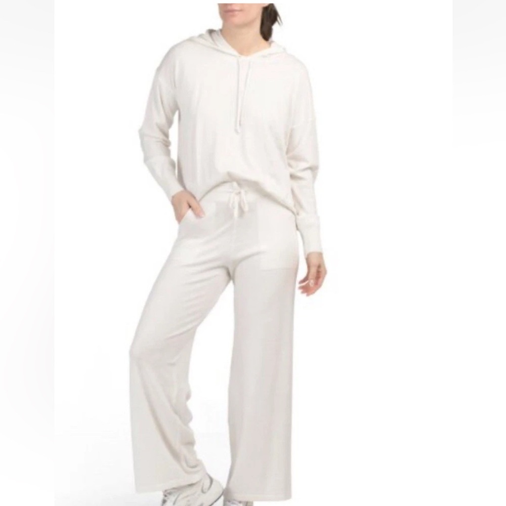 Splendid Cashmere Blend 2 Piece Knit Set Small Hoodie Wide Leg Pants Ivory NEW